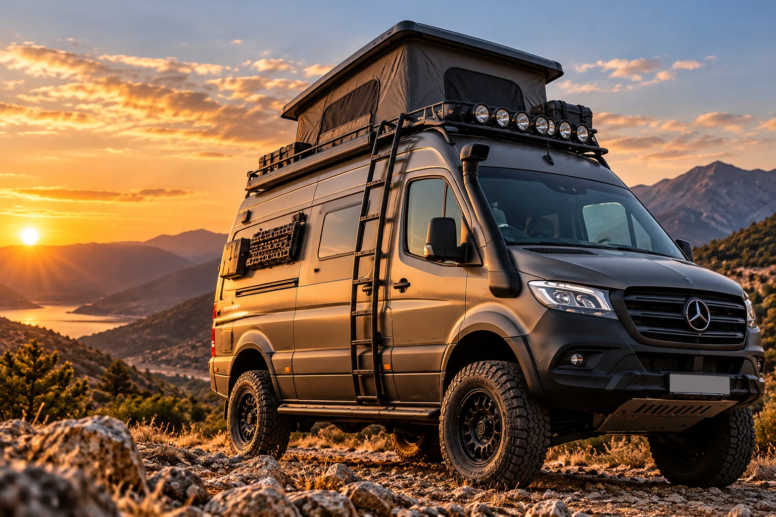 Camper todoterreno equipada con baca, escalera exterior y accesorios metálicos en un paisaje de montaña.
