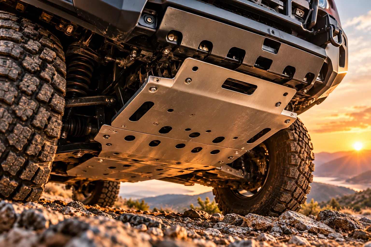 Vista inferior de un vehículo todoterreno 4x4 con placas metálicas de protección de bajos, suspensión y neumáticos off-road sobre terreno rocoso.