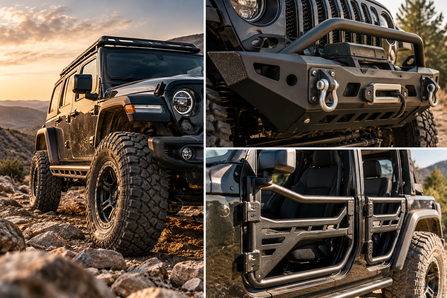 «Vehículo todoterreno 4x4 equipado con rock sliders, paragolpes metálico y puertas tubulares, ejemplos de accesorios y fabricación a medida de AMU Offroad».