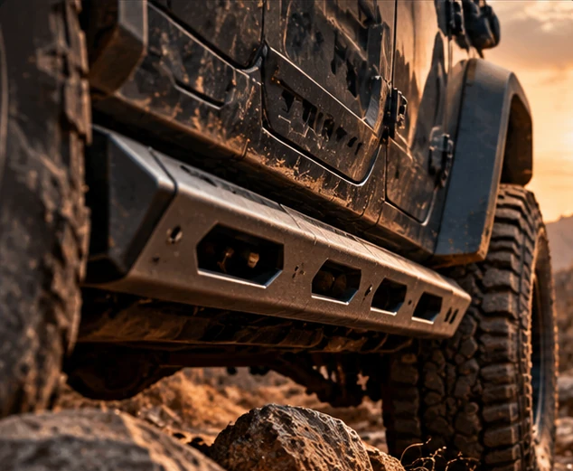 Rock sliders de acero instalados como protección lateral en un todoterreno 4x4.